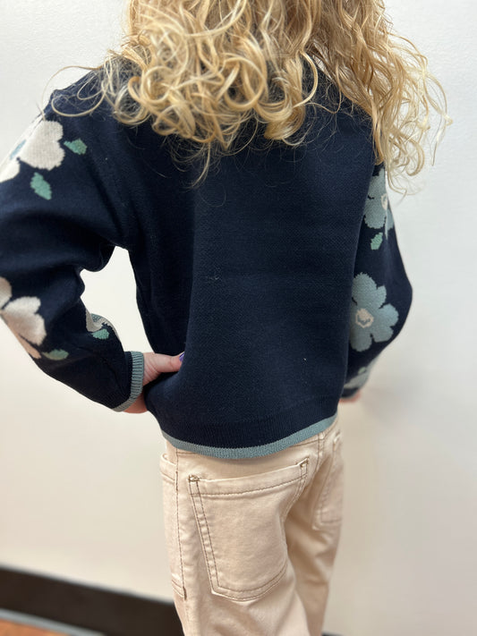 May Girls Navy Crew Neck Sweater with Sage and Cream Daisies