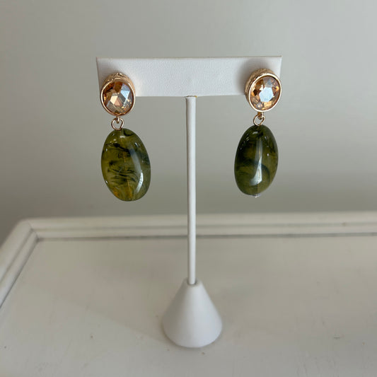 JM- Beaded Oval Dangle Earrings with Gold Rhinestone