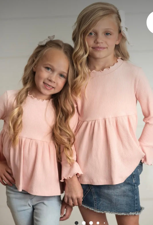 OD Girls Long Sleeve Lettuce Trim Rib Knit Top - Soft Cotton Blend