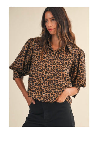 Anniewear Leopard Print Satin Elbow Sleeve Blouse
