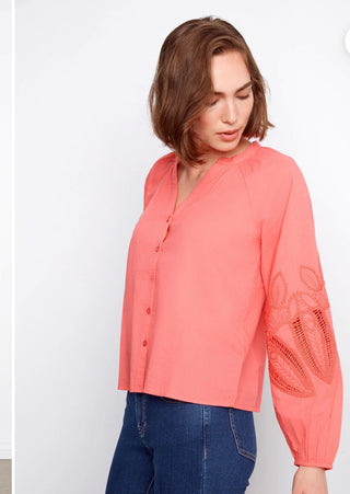Charlie B Cotton Button-Front Embroidered Blouse