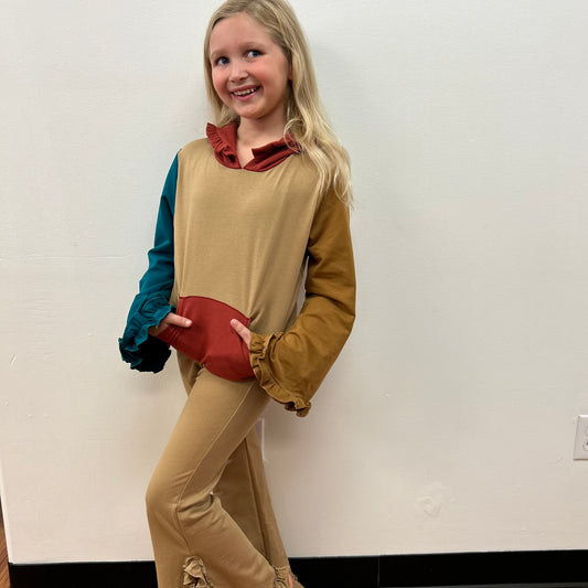 Girls Color Block Ruffle Hooded Pocket Set