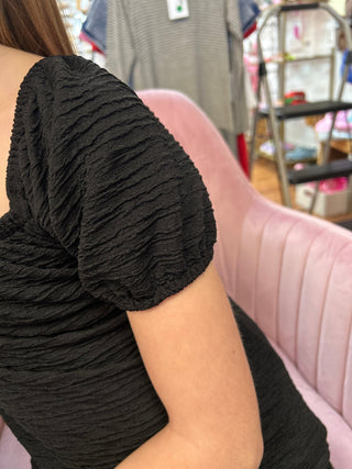 AC 407 Girls Textured Black Square Neck Dress - All About Me Boutique