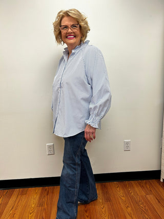 Pin Striped Button Front Blouse by Notations - All About Me Boutique