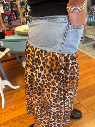 Hayden Mix Media Leopard Print Denim Skirt