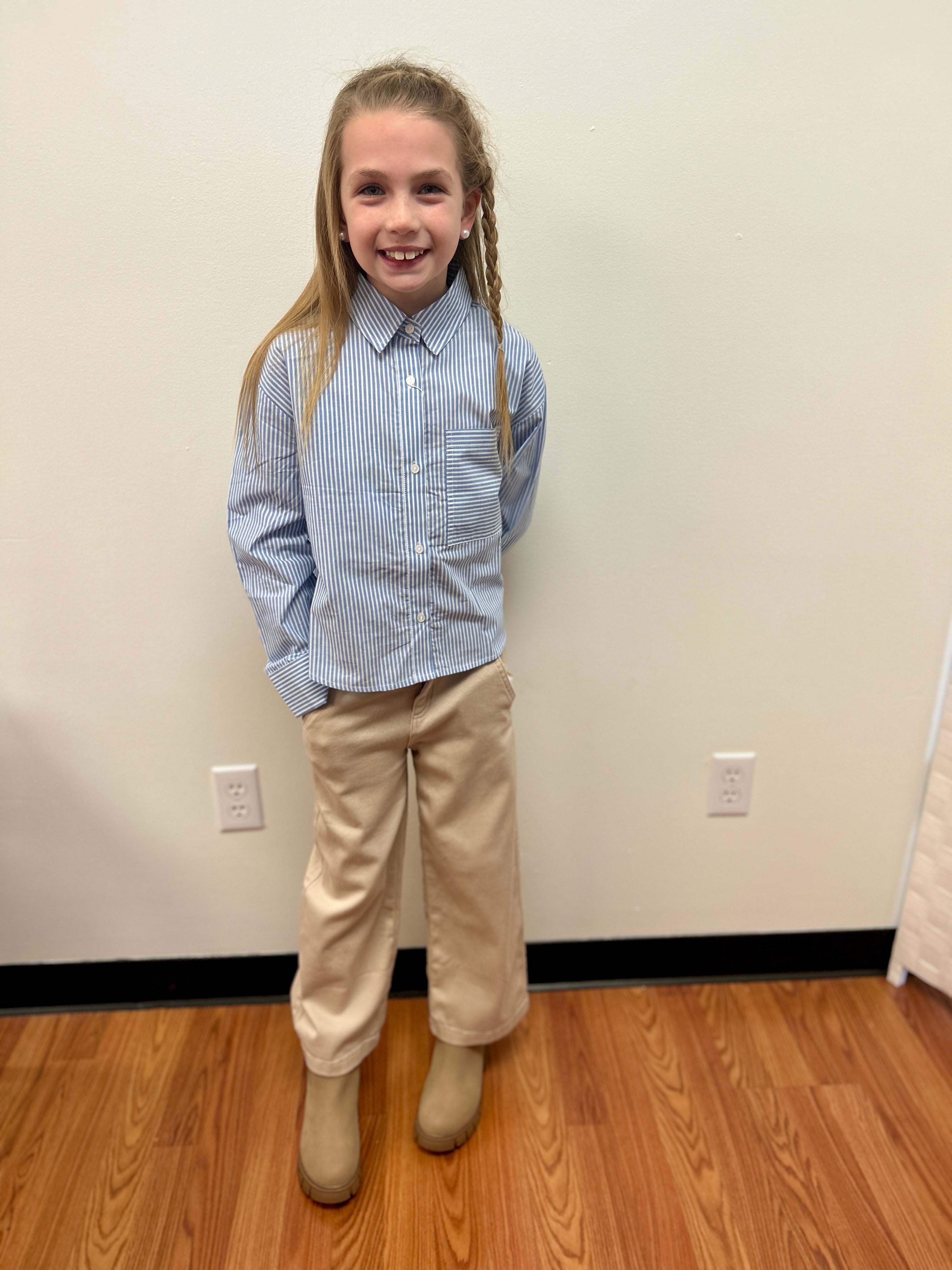 Mayoral Girls Oversized Pinstripe Blouse - Collared