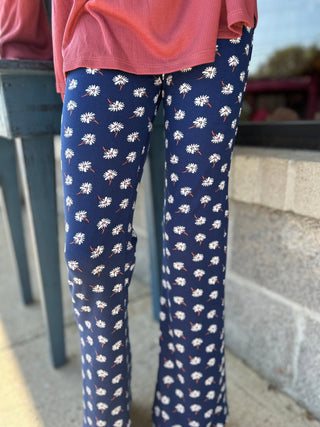 AC407 - Girls Navy White Flower Flare Pant - All About Me Boutique