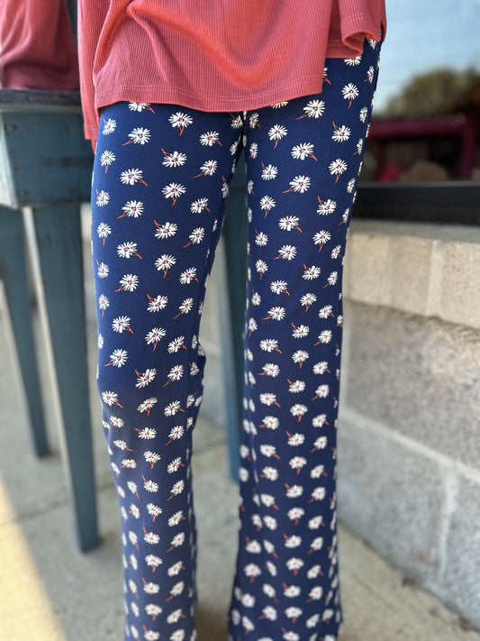 AC407 - Girls Navy White Flower Flare Pant