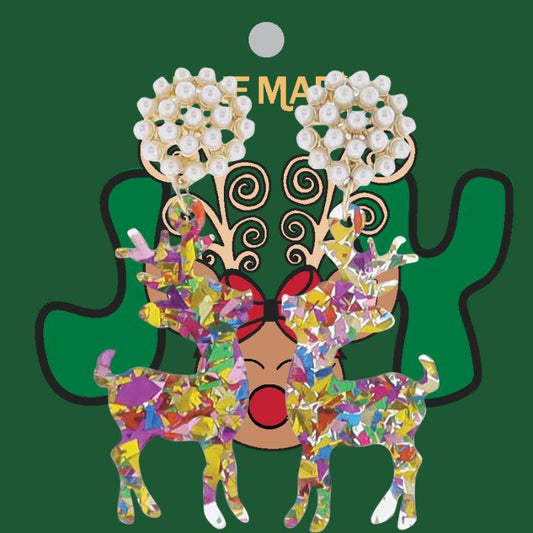 JM  Reindeer Dangle Earrings - Pearl Circle Stud Holiday Earrings