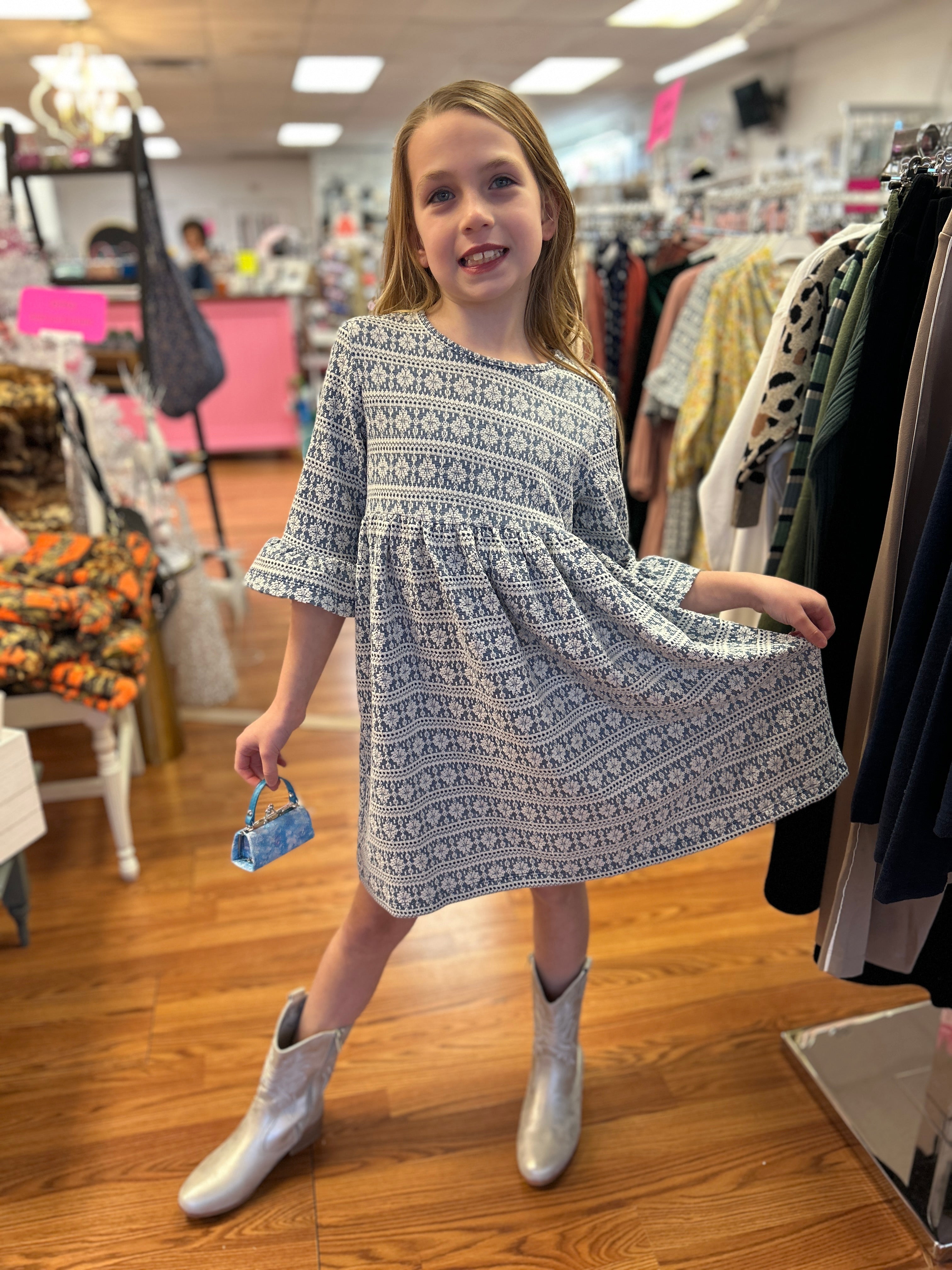 Vignette Blue and White Snowflake Empire Waist Dress