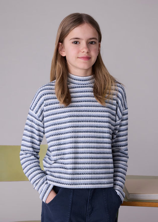 Mayoral Girls Striped Long Sleeve Tee - Mock Neck