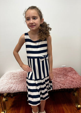 Girls Wide Stripe Bow Dress - All About Me Boutique