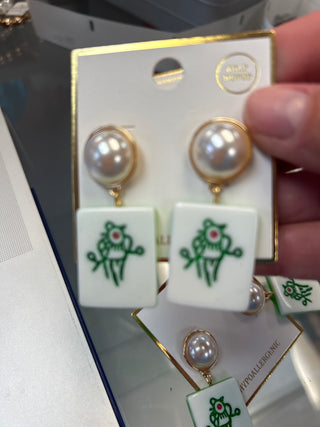 Mahjong "One of Bamboo" Sparrow Tile & Pearl Dangle Earrings