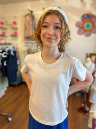 Girls White Knit Blinged Short Sleeve Tee by Molly Bracken - All About Me Boutique