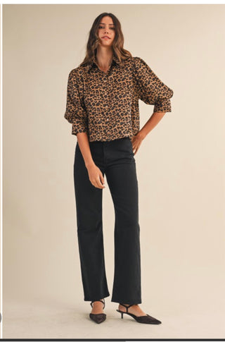 Anniewear Leopard Print Satin Elbow Sleeve Blouse