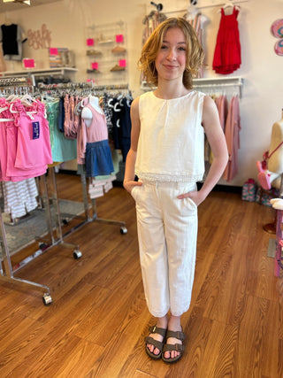 Girl Ivory Linen Look Cropped Tank with Lace Hem by Mayoral - All About Me Boutique