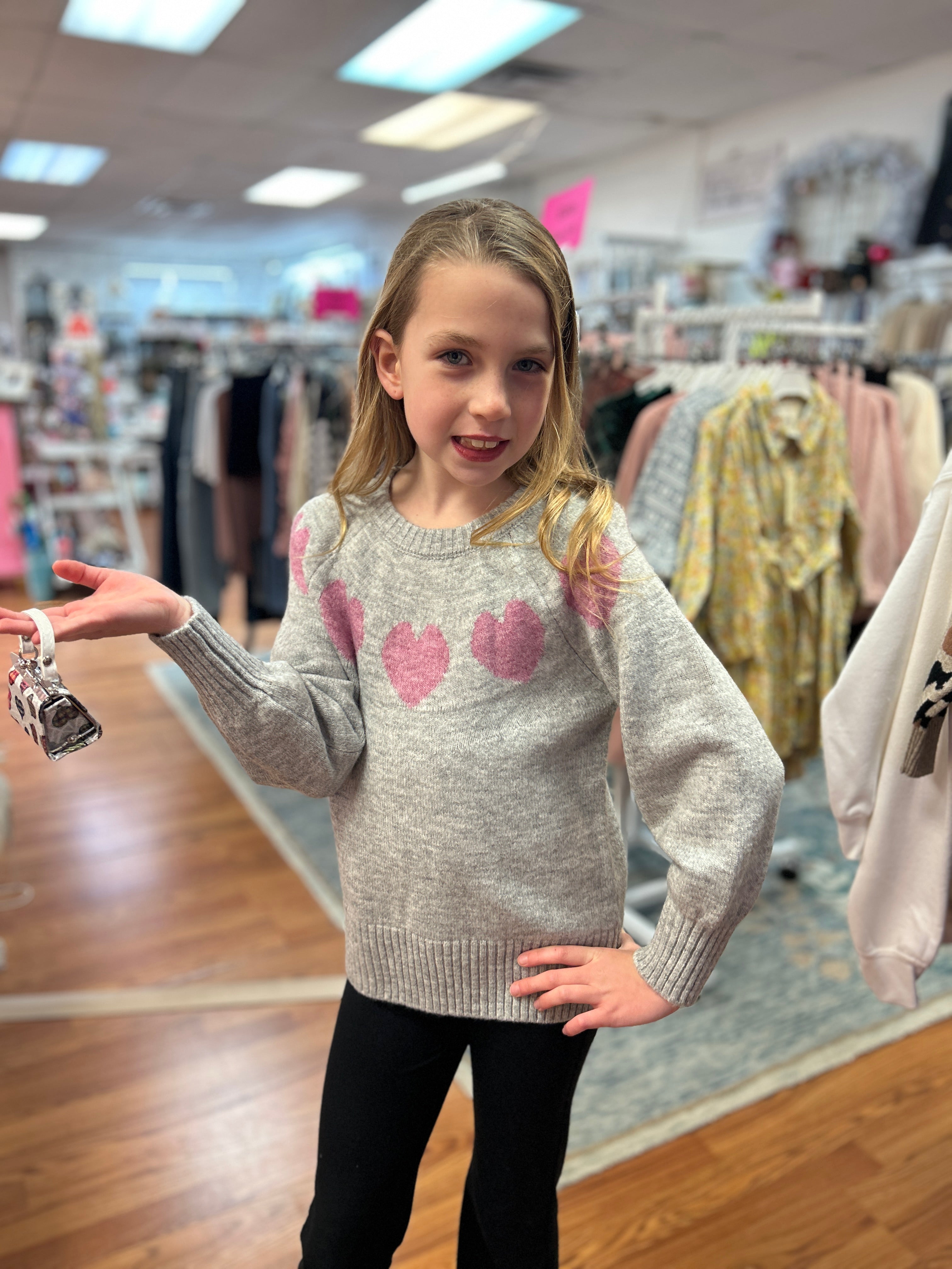 H & A Tween Girls Crew Neck Raglan Heart Sweater