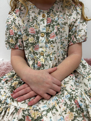Girls Blossom Tiered Short Sleeve Button Front Dress by Vignette - All About Me Boutique