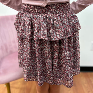 Creamie Girls Raspberry Floral Elastic Tiered Skirt - Elastic Waist Peplum Skirt - All About Me Boutique