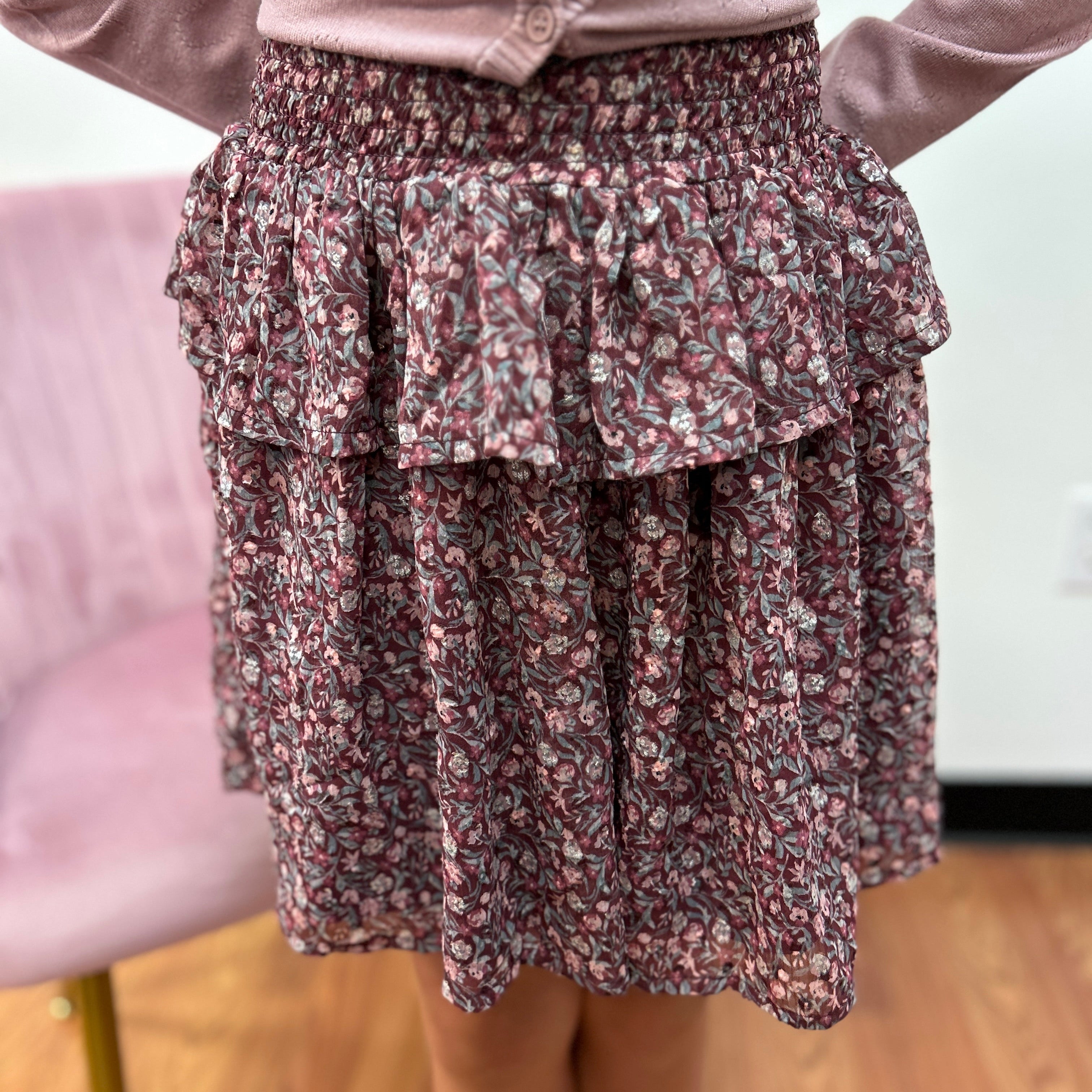 Creamie Girls Raspberry Floral Elastic Tiered Skirt - Elastic Waist Peplum Skirt