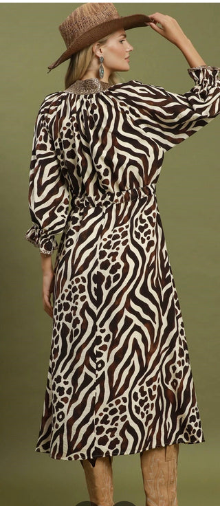 Mixed Animal Print Tie Waist Midi Dress