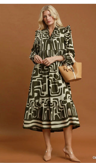 Umgee Abstract Geo Print Ruffle Maxi Dress