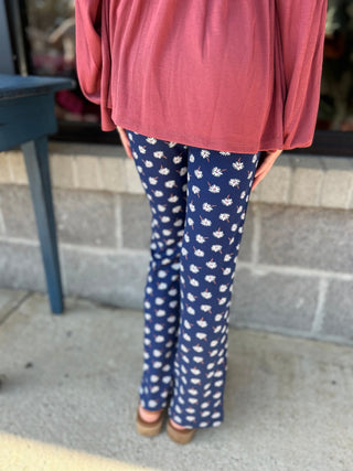 AC407 - Girls Navy White Flower Flare Pant - All About Me Boutique