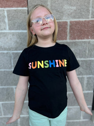 Hayden Girls "Sunshine" Flocked Graphic Tee – Black Relaxed Fit Summer T-Shirt - All About Me Boutique