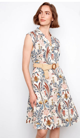 Charlie B Printed Linen Cotton Dress With Straw Belt