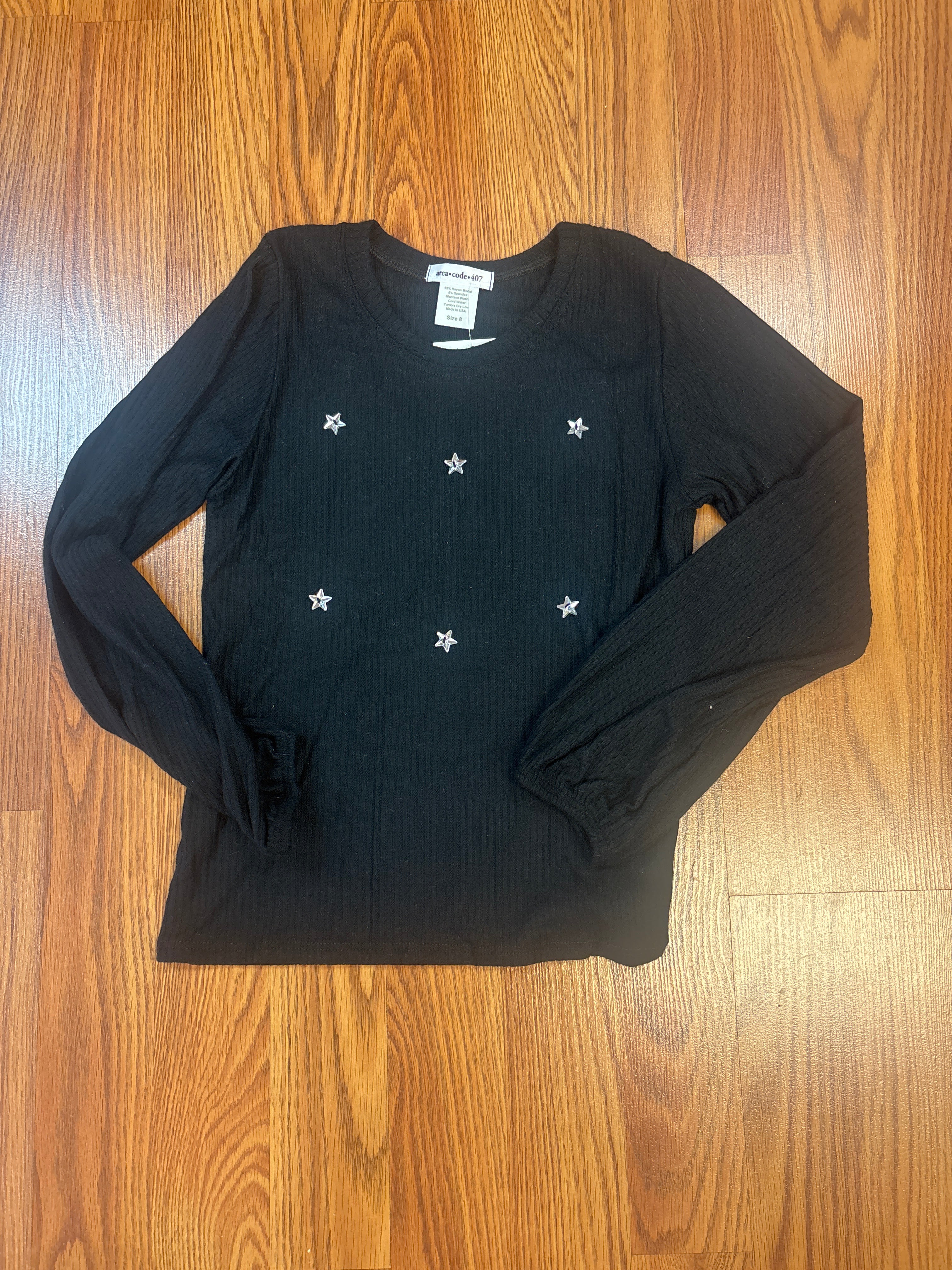 AC 407 Girls Black Rib Knit Top with Stars