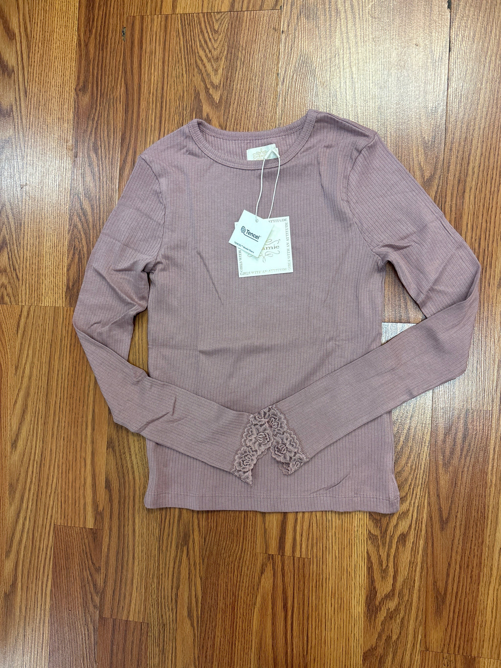 Creamie Girls Basic Rib Knit Tee with Lace Trim