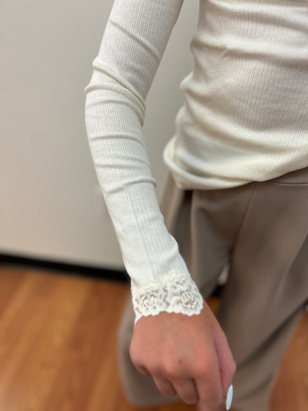 Creamie Girls Basic Rib Knit Tee with Lace Trim