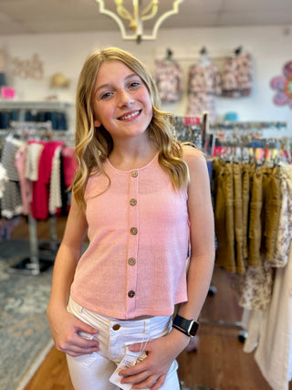 Hayden Girls Textured Knit Button - Front Tank – Soft Pink - All About Me Boutique