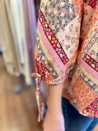 Girls Quilt Print Square Neck Tie Sleeve Top by Hayden - All About Me Boutique