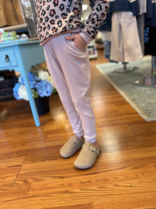 Girls' Cozy Blush Pink Ribbed Joggers with Pockets
