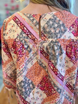 Girls Quilt Print Square Neck Tie Sleeve Top by Hayden - All About Me Boutique