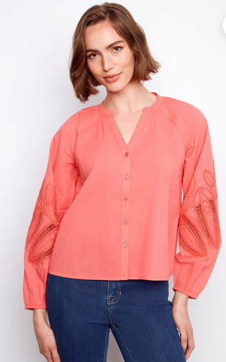 Charlie B Cotton Button-Front Embroidered Blouse