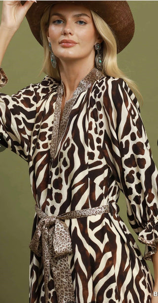 Mixed Animal Print Tie Waist Midi Dress