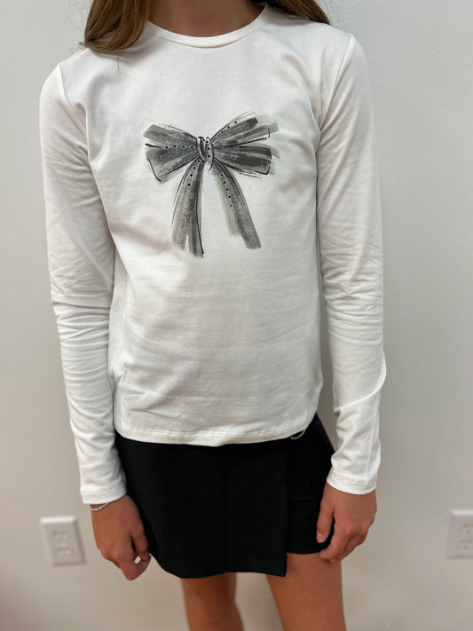 Mayoral Girls Long Sleeve Bow Embellished Tee - Soft Cotton Blend