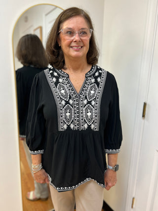 Liv Los Angeles Boho Embroidered Blouse – Flowy Split Neck Rayon Top