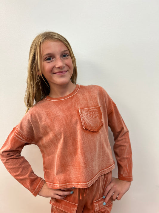 Hayden Girls Rust Mineral Wash Crop Top - Long Sleeve