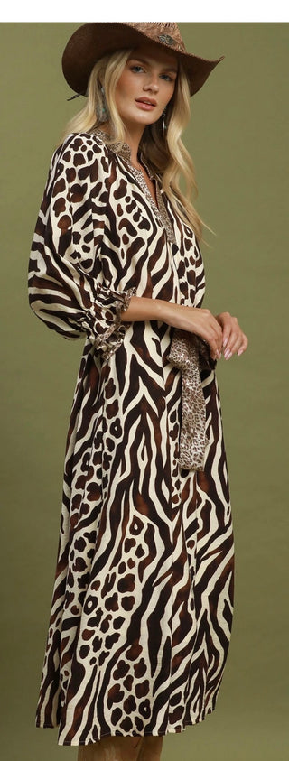 Mixed Animal Print Tie Waist Midi Dress