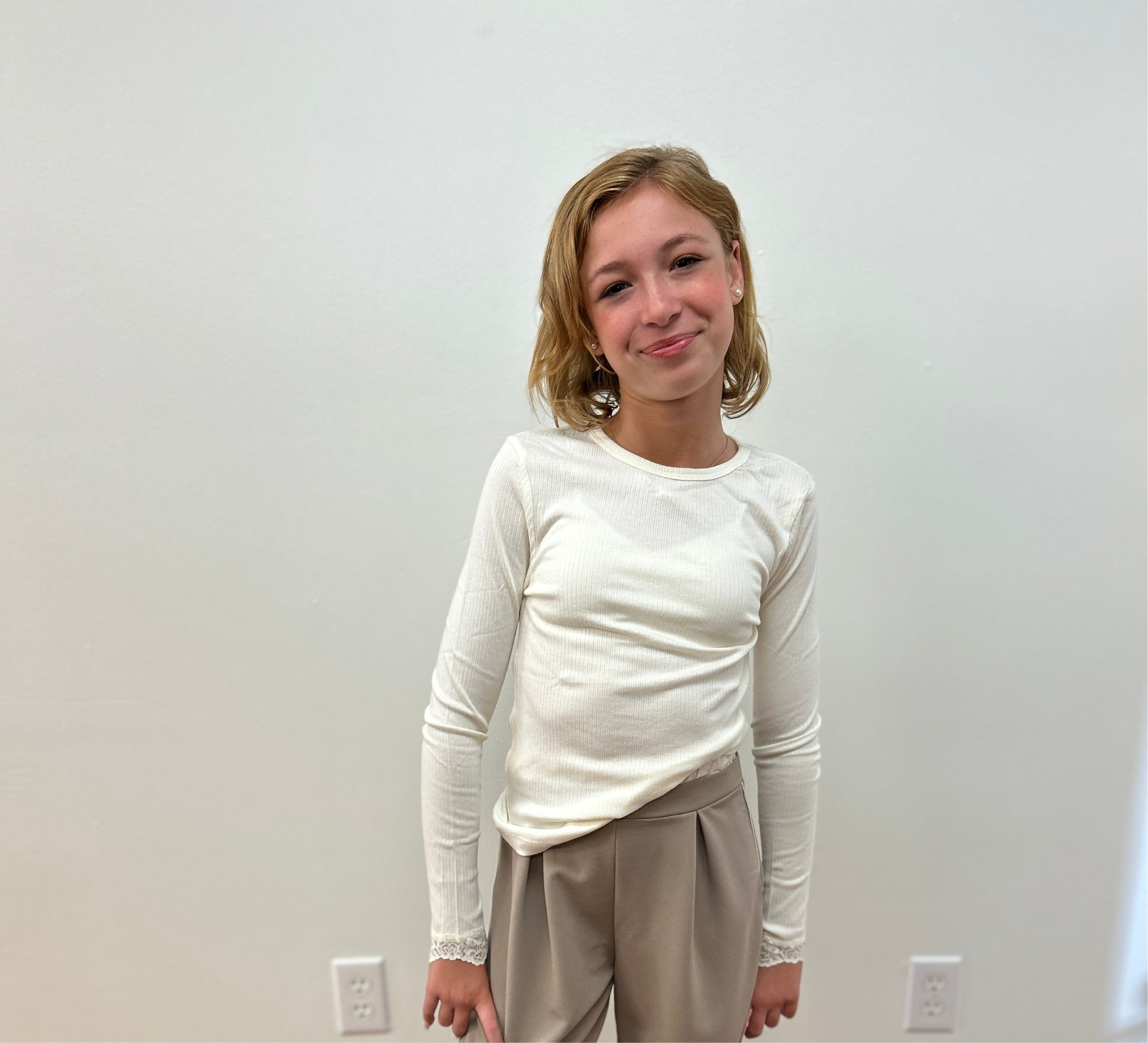 Creamie Girls Basic Rib Knit Tee with Lace Trim