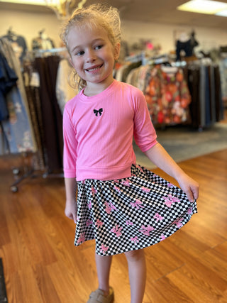 Girls' Retro Checkerboard & Pink Bow Twirl Skirt