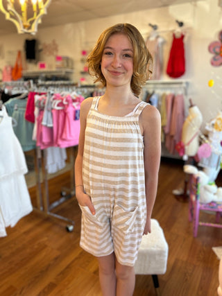 Girls Beige and White Striped Tallulah Romper - All About Me Boutique