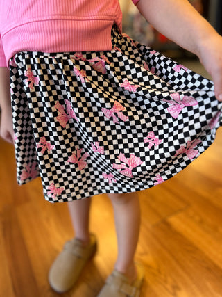 Girls' Retro Checkerboard & Pink Bow Twirl Skirt