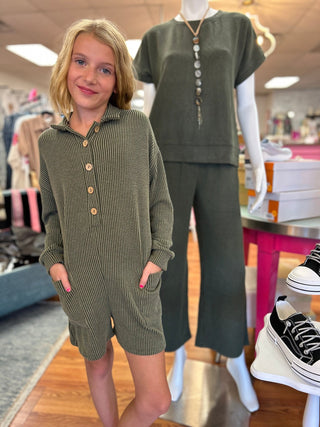 GG - Girls Rib Knit Button Up Romper - All About Me Boutique
