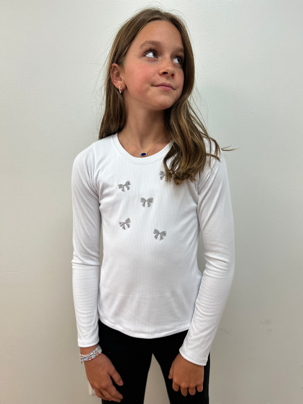 AC 407 Girls White L/S Tee with Mini Bow Embellishment