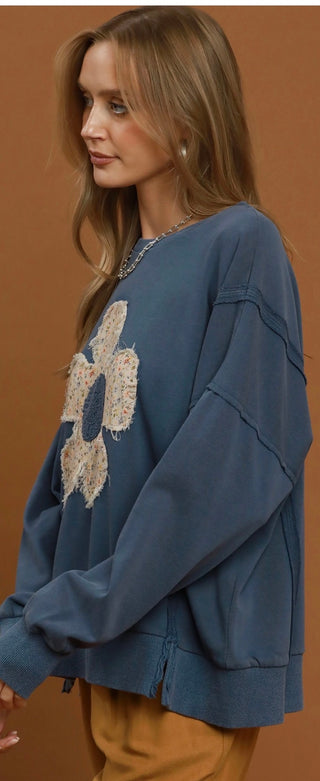 Umgee Floral Crochet Patch Mineral Wash Sweatshirt