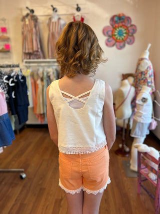 Girl Ivory Linen Look Cropped Tank with Lace Hem by Mayoral - All About Me Boutique